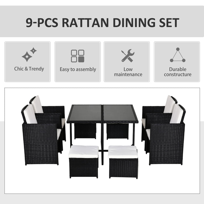 9PC Rattan Dining Set - Outdoor Weave Wicker Patio Table with 8 Stools, Black - Perfect for Garden Entertainment and Family Gatherings