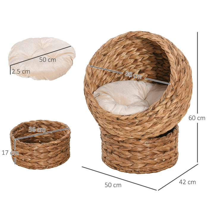 Wicker Cat Bed with Cylindrical Rattan Base - Soft Washable Cushion in Retro Brown, 50x42x60cm - Ideal Comfort for Cats