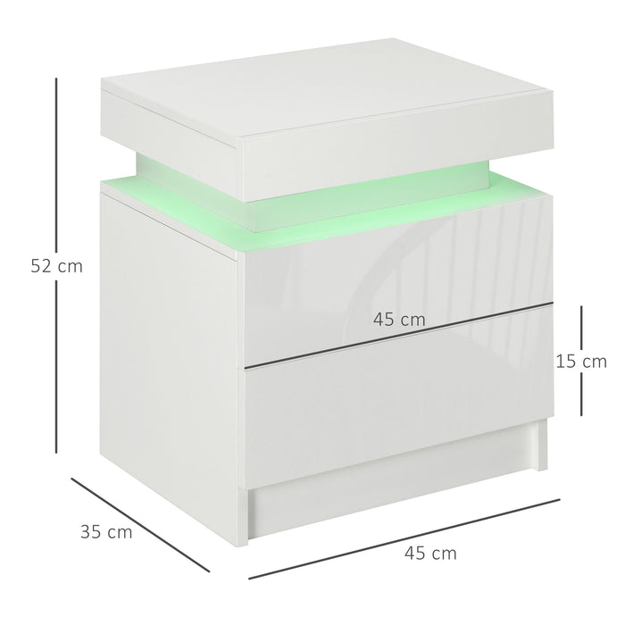 White LED-Illuminated Bedside Cabinets - High Gloss 2-Drawer Nightstand - Perfect for Bedroom and Living Room Storage Solutions