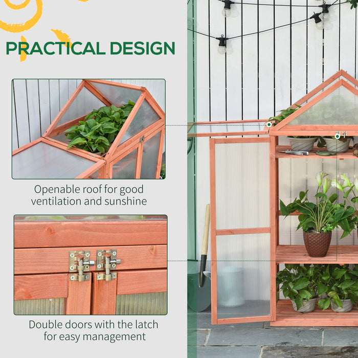 3-Tier Wooden Cold Frame - Polycarbonate Greenhouse with Adjustable Shelves and Double Doors, 80x47x138cm - Ideal for Garden Plant Growth and Protection