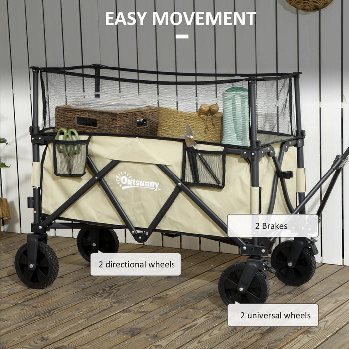 Folding Garden Trolley Wagon - 180L Capacity, Extendable Side Walls, Multipurpose Cart, Khaki - Ideal for Beach, Camping, Festivals