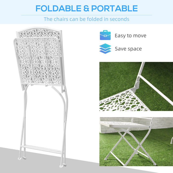 Compact White Bistro Set for Two - Folding Chairs and Round Table, Durable Metal Construction - Ideal for Small Gardens and Balconies