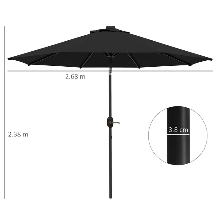 Outdoor Patio Umbrella - 2.7m Garden Parasol with Tilt and Crank Function, 24 LED Lights, in Black - Ideal for Nighttime Ambience & Sun Protection