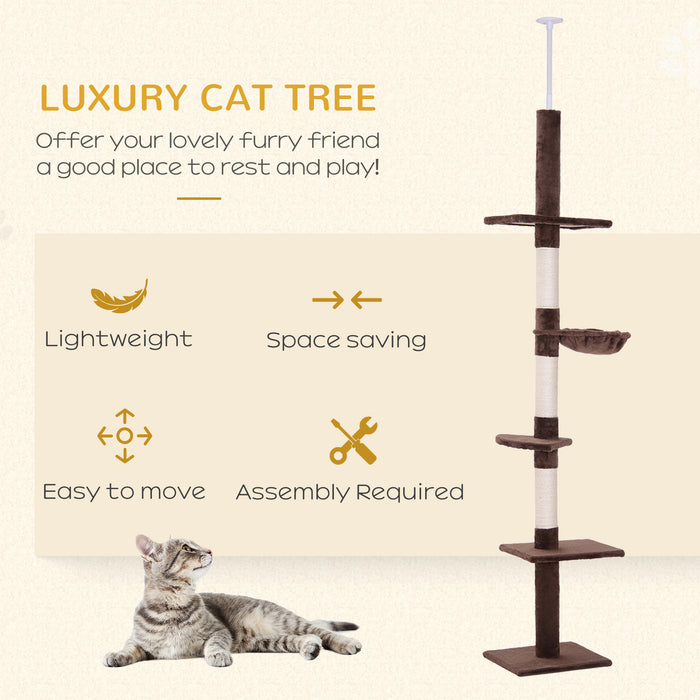 5-Tier Floor to Ceiling Cat Tree - Tall Climbing Activity Center with Scratching Post, Adjustable 230-260cm - Ideal for Playful Cats and Kittens