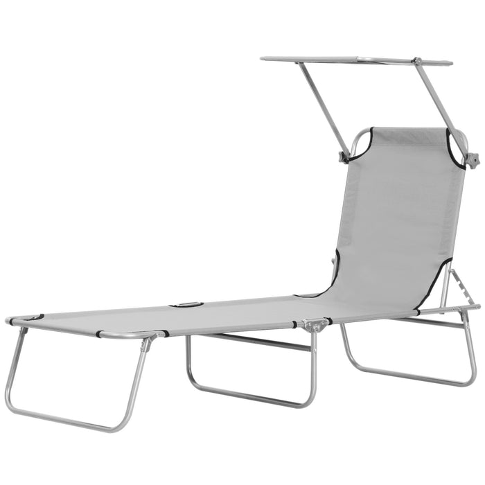 Folding Recliner Lounge Chair with Sun Shade - Adjustable Outdoor Patio Sun Lounger, Light Grey - Ideal for Beach and Garden Relaxation