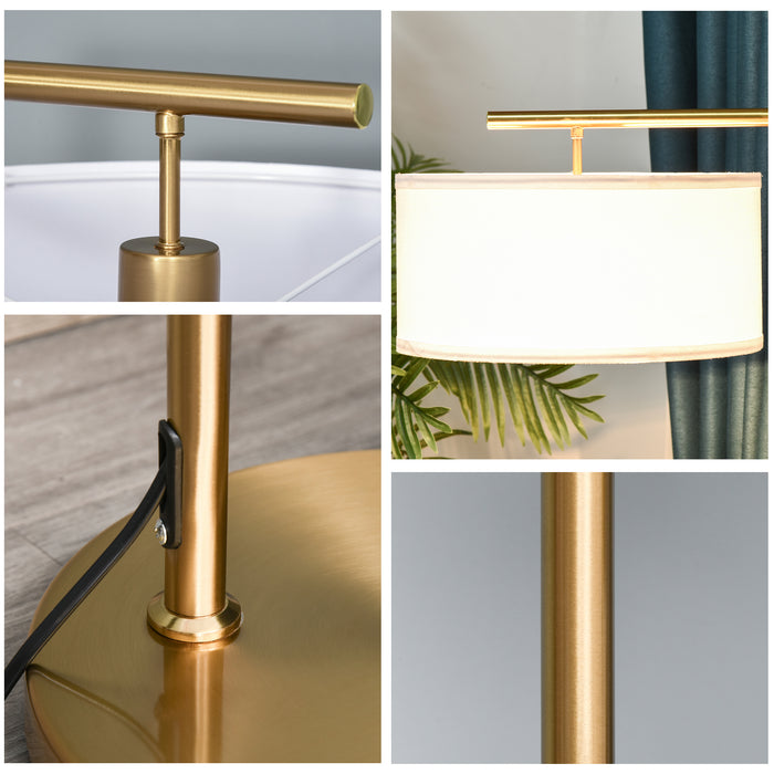 Modern Gold Standing Floor Lamp with White Linen Shade - Elegant Illumination for Living Spaces, Round Base Design - Ideal for Living Room, Bedroom, Dining Room Ambiance