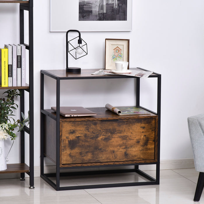 Industrial-Chic Side Table with Storage Drawer - Open Shelf, Large Base, and Steel Frame - Retro Two-Tone Design for Bedroom and Living Room Decor