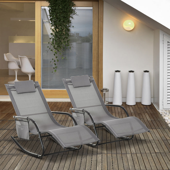 Garden Rocking Chair Set of 2 - Outdoor Patio Sun Lounger with Breathable Mesh and Removable Headrest Pillow, Grey - Ideal for Relaxation and Comfort with Handy Side Storage Bag