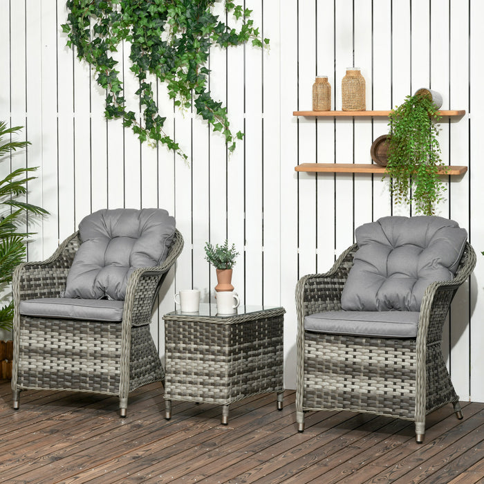 3-Piece Rattan Bistro Set - Modern Patio & Balcony Furniture with Aluminium Frame, Soft Cushions, Glass Top Table - Ideal for Garden and Backyard Lounging (Grey)