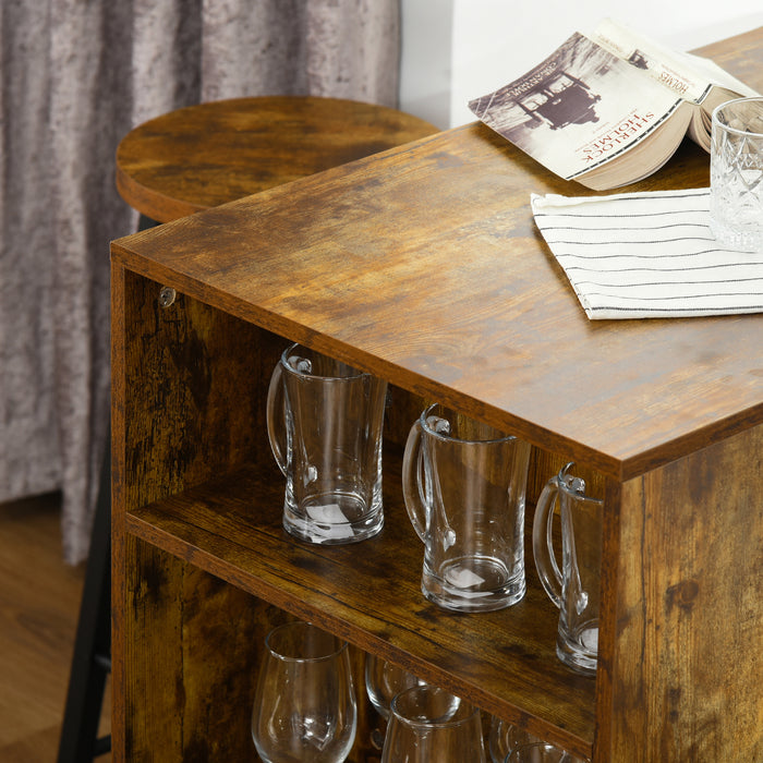 Industrial Style 3-Piece Bar Table Set - Pub Dining Ensemble with Height-Adjustable Table and 2 Stools, Storage Shelf - Ideal for Home Entertainment and Small Spaces, Rustic Brown Finish