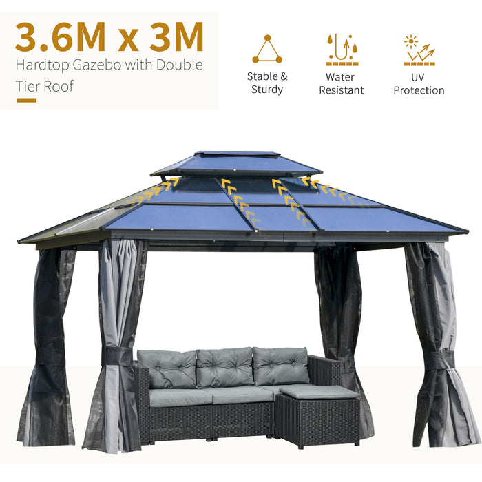 Polycarbonate Hardtop Gazebo Canopy 3.6x3m - Double-Tier Roof, Aluminium Frame, Garden Pavilion - Includes Mosquito Netting and Curtains for Outdoor Comfort