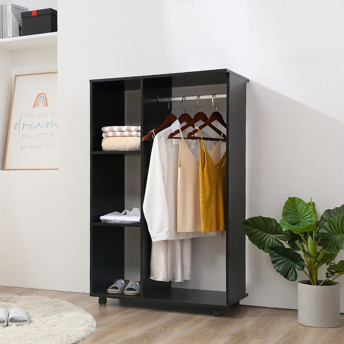 Rolling Open Wardrobe - Hanging Rail and Storage Shelves for Bedroom Organization - Perfect for Space-Saving & Easy Mobility in Black