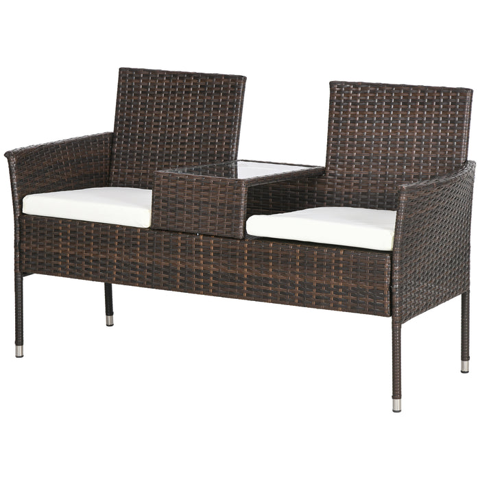 Rattan Double Seater Chair with Integrated Center Table - Stylish Brown Outdoor Furniture for Couples and Small Patios