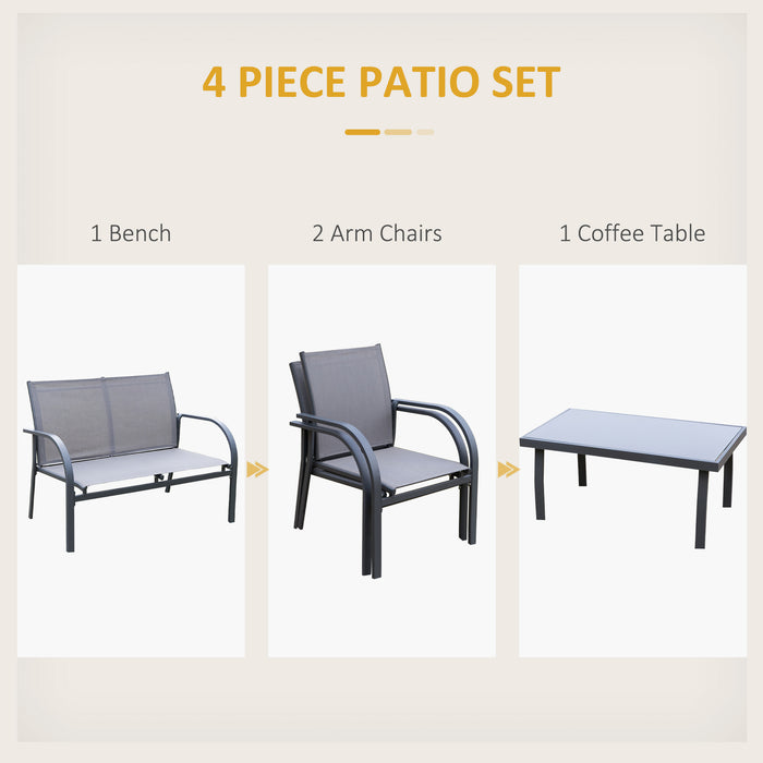 Curved 4-Piece Patio Conversation Set - Steel Frame with Grey Texteline Loveseat and Glass Top Coffee Table - Ideal for Outdoor Parties and Events