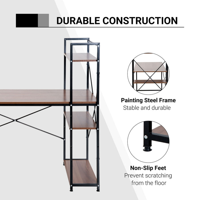 4-Tier Bookshelf Computer Desk - Sturdy Metal Frame with Wooden Top, Home Office Workstation in Walnut & Black - Ideal for Students & Remote Workers