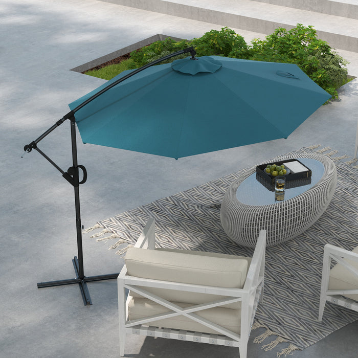 Cantilever 3m Banana Parasol with Cross Base - Round Hanging Patio Umbrella with Crank Handle, Tilt, and 8 Ribs - Ideal Shade for Outdoor Pool, Garden, Balcony in Blue