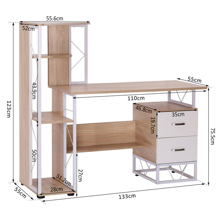 Multi-Shelf Computer Writing Desk with 2 Drawers - Spacious PC Workstation for Home Office - Ideal Study Table for Students & Professionals