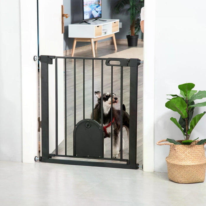 Pet Safety Gate 75-82 cm - Pressure-Mounted Barrier w/ Small Pet Door, Auto-Close & Double Locking - Ideal for Doorways & Stairs, For Dogs & Cats