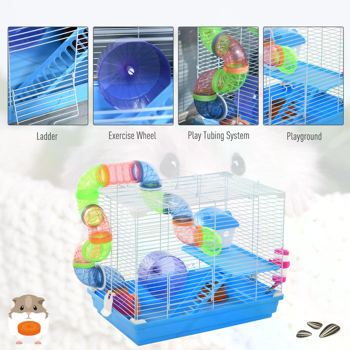 Blue 2-Tier Hamster Cage with Accessories - Small Animal Habitat with Exercise Wheels, Tunnel Tube, and Ladder - Ideal for Dwarf Mice and Hamster Comfort