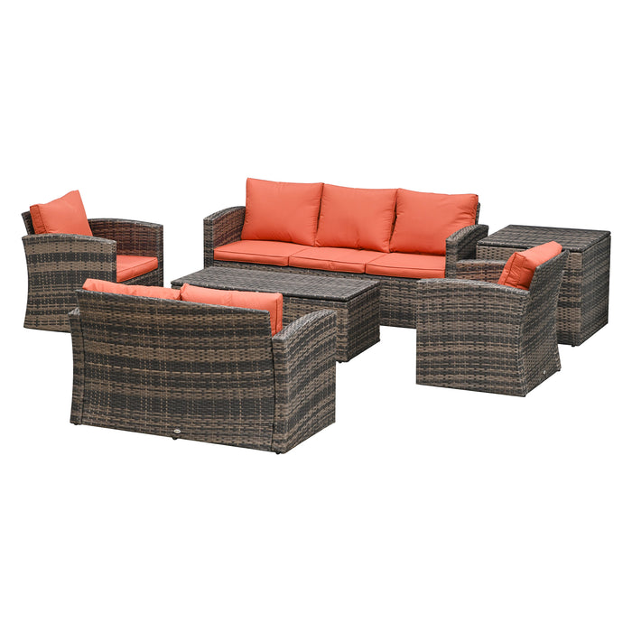 7-Seater Rattan Wicker Sofa Set - Mixed Brown Outdoor Sectional Patio Conversation Furniture with Storage Table & Cushions - Ideal for Group Gatherings and Entertaining Guests