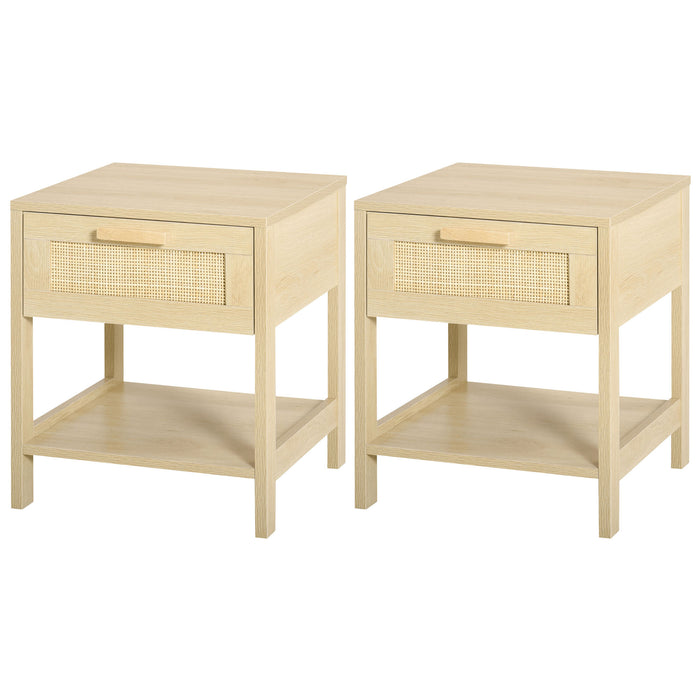 Rattan Drawer Nightstand Set - Bedroom & Living Room Bedside End Tables with Storage Shelf - Elegant Pair of Organizational Furniture Units