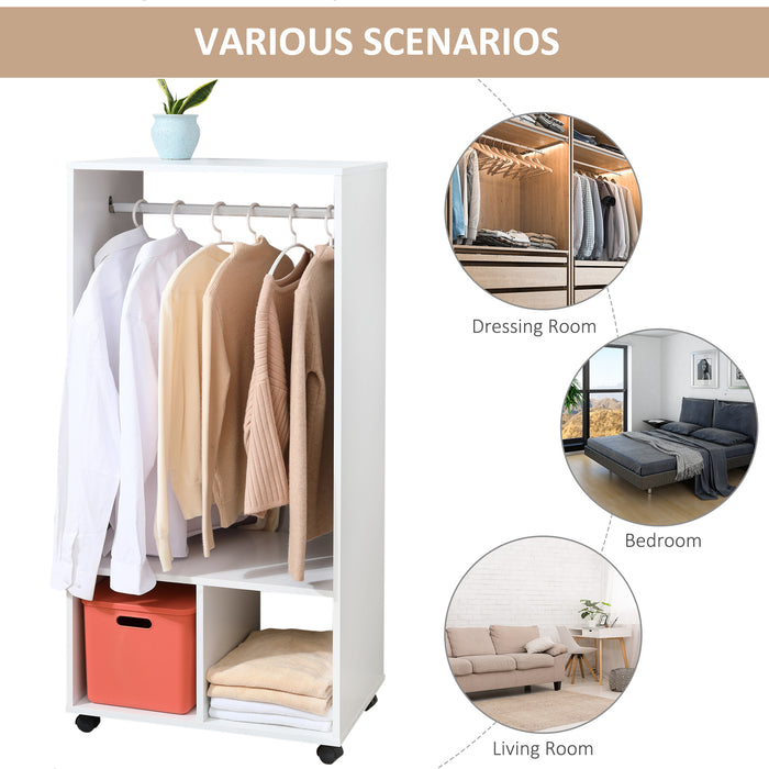 Mobile Garment Rack with Hanging Rod and Shelves - Versatile Open Wardrobe on Wheels for Storage - Ideal for Bedroom and Cloakroom Organization, White