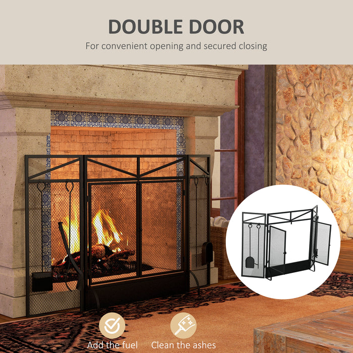 3 Panel Folding Fire Guard - Freestanding Spark Screen with Fireplace Tool Set and Front Doors - Safety Barrier for Home Fireplaces