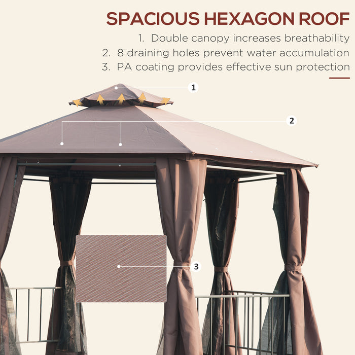 Hexagon Gazebo Canopy - Outdoor Patio Party Tent with 2-Tier Roof and Side Panel - Elegant Shelter for Garden Celebrations, Brown