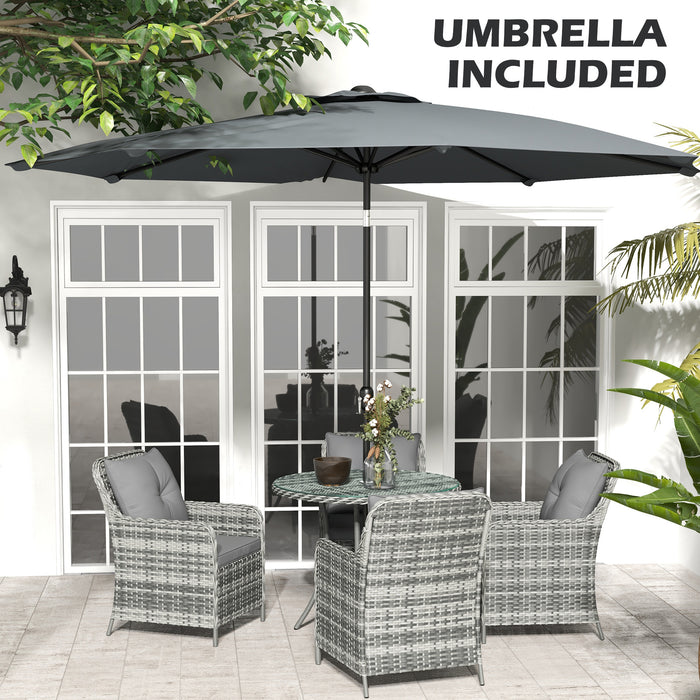 4 Seater Rattan Garden Dining Set with Tempered Glass Top - Includes Umbrella and Cushions for Outdoor Comfort - Perfect Patio Furniture for Family Meals and Entertaining