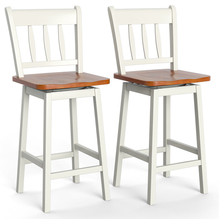 2-Pack 97cm Swivel Rubber Wood Bar Stools - With Backrest and Footrest in White - Ideal for Madern Kitchen or Bar Setup