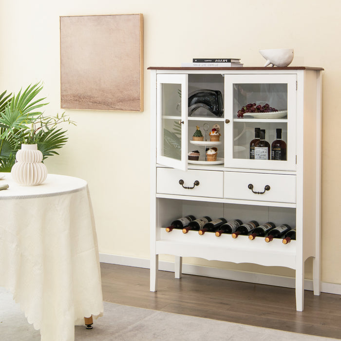 Wooden Sideboard - Kitchen Storage with Wine Rack, 2 Glass Doors & Drawers in White - Ideal for Organizing Kitchen Essentials