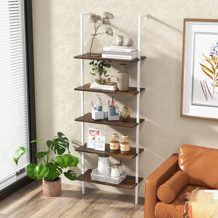 Ladder Shelf 5-Tier with Steel Frame - Contemporary Storage Solution for Living Room, Bedroom, Office - Ideal for Space Optimization in White & Golden Finish
