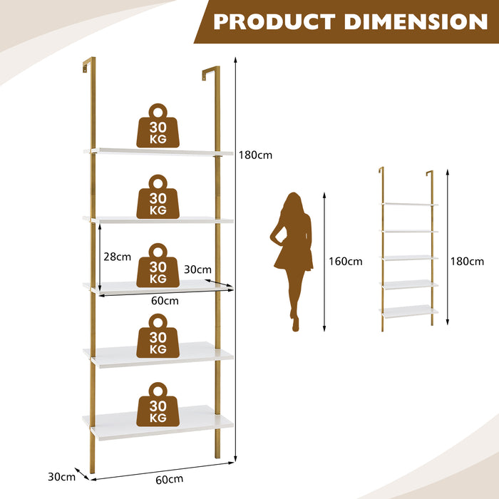 Ladder Shelf 5-Tier with Steel Frame - Contemporary Storage Solution for Living Room, Bedroom, Office - Ideal for Space Optimization in White & Golden Finish