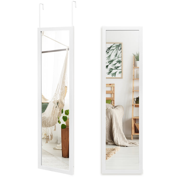 Over the Door Full-Length Mirror - White Frame, Hanging Hooks Included - Ideal for Bedroom Use