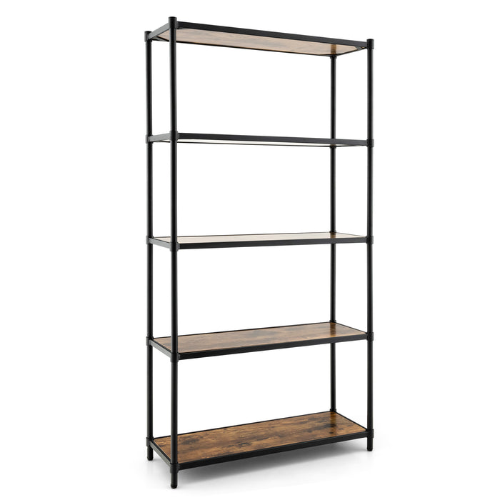 5-Tier Wooden Bookshelf - Rustic Brown Storage Unit for Living Room, Bedroom and Office - Ideal for Space-Saving and Organizing Literature