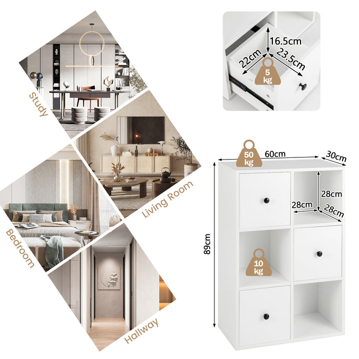 Cube Organiser with Drawers - Versatile 6-Cube Storage Bookcase, Ideal Furniture for Living Room and Bedroom - Perfect Solution for Keeping Clutter at Bay in White Finish