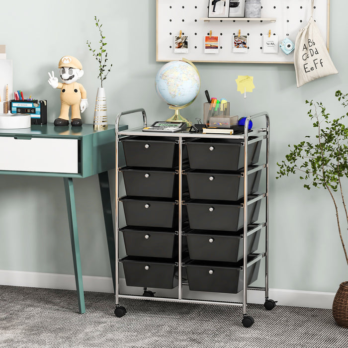 Rolling Storage Cart - 10-Drawer Organizer for Tools and Scrapbook Paper, Black - Perfect for DIY Crafts and Office Organising Tasks