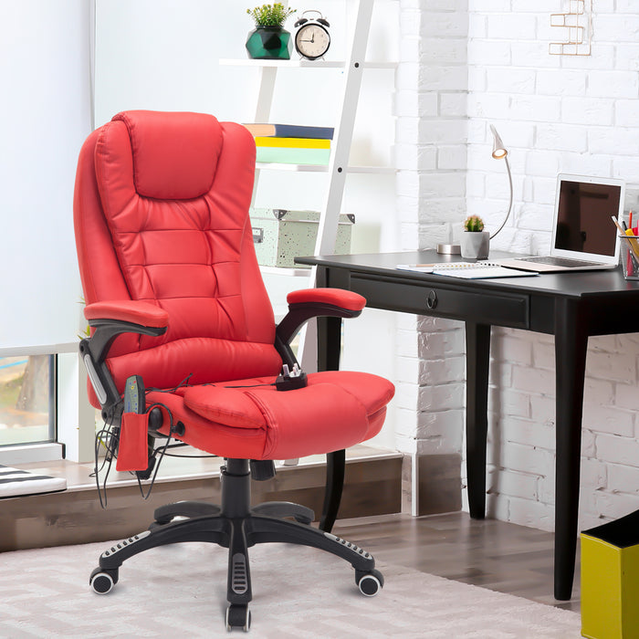 Ergonomic PU Leather High-Back Chair - Massage & Heat Features with Tilt/Reclining Support in Red - Comfort for Long Working Hours