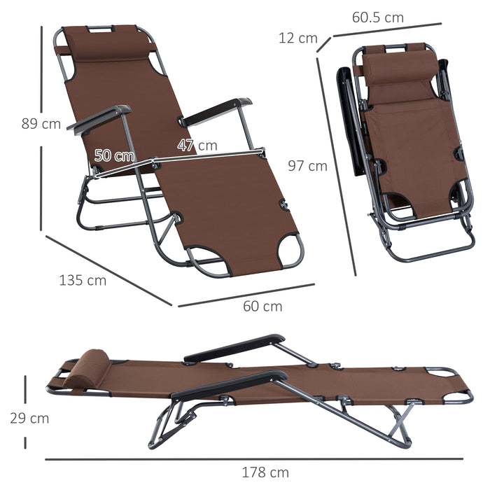 Foldable Sun Loungers Set of 2 with Adjustable Back - Reclining Garden Chairs with Pillow and Armrests, Brown - Ideal for Patio Relaxation and Comfort