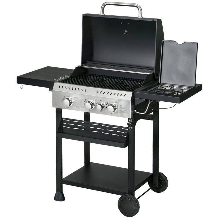 Galvanised Steel BBQ Grill Trolley with 3+1 Gas Burners - Durable Outdoor Cooking Station, Black Finish - Perfect for Backyard Barbecue Enthusiasts