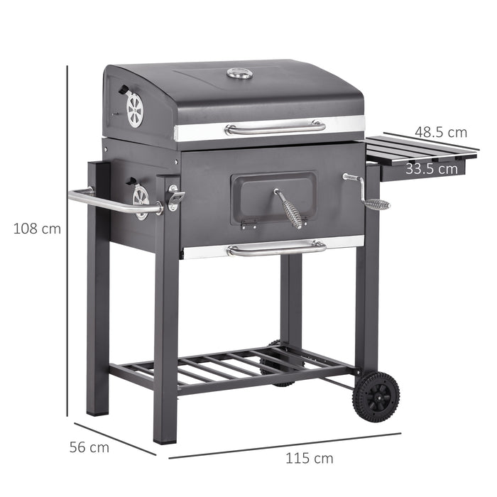 Outdoor Charcoal Grill BBQ Trolley with Smoker - Backyard Garden Cooking Station with Side Shelf, Table, & Wheels - Built-in Thermometer for Perfect Grilling Temp Control