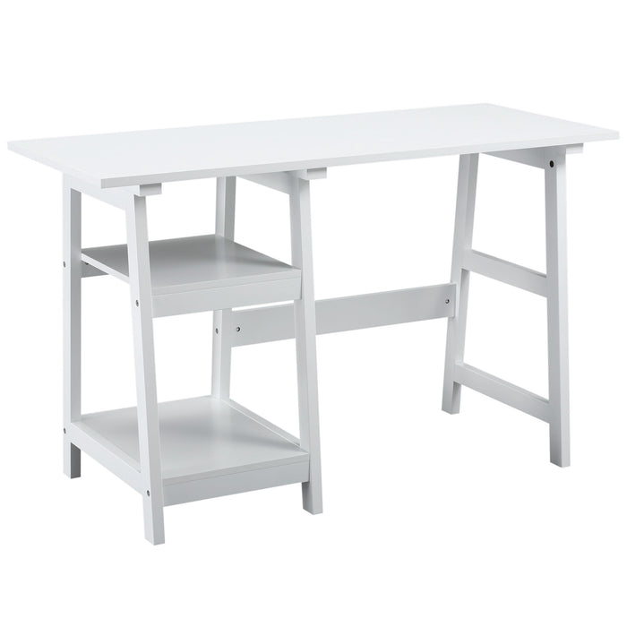 Compact White Computer Desk - Space-Saving Study Table with Storage Shelves and Bookshelf - Ideal PC Workstation for Home Office and Studying