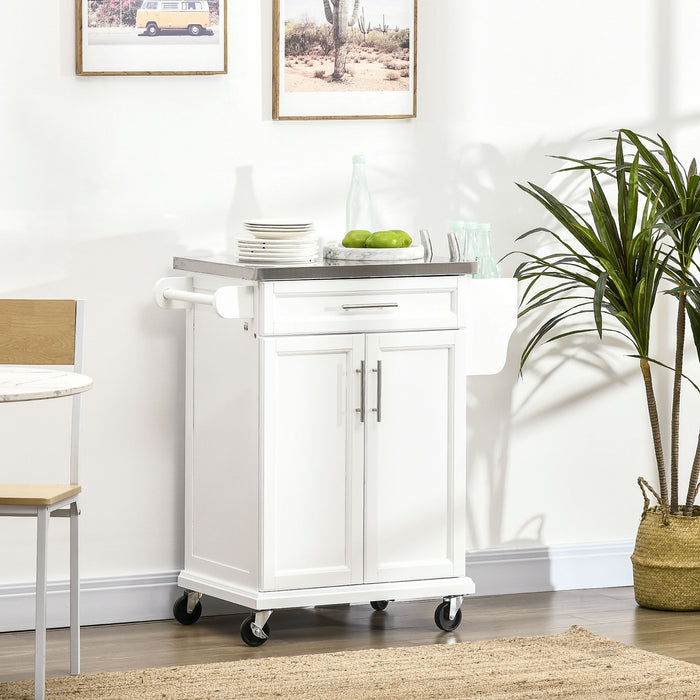 White Wooden Kitchen Island Cart - Freestanding Storage Trolley with Stainless Steel Top, Drawer & Rack on Wheels - Mobile Serving Station for Home Chefs & Entertaining