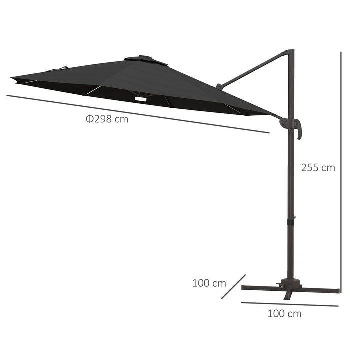 LED Solar-Powered Cantilever Parasol with Base - Durable Outdoor Sun Umbrella, 3m Coverage, Dark Grey - Ideal Shade Solution for Patio or Garden