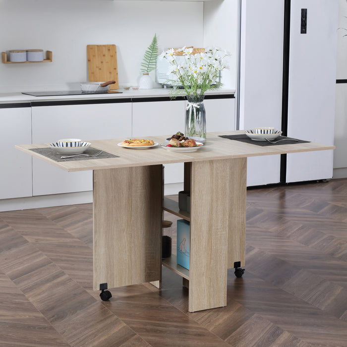 Mobile Oak Drop-Leaf Table - Space-Saving Folding Kitchen Desk with 2 Wheels & Storage - Ideal for Small Dining Areas and Workspaces