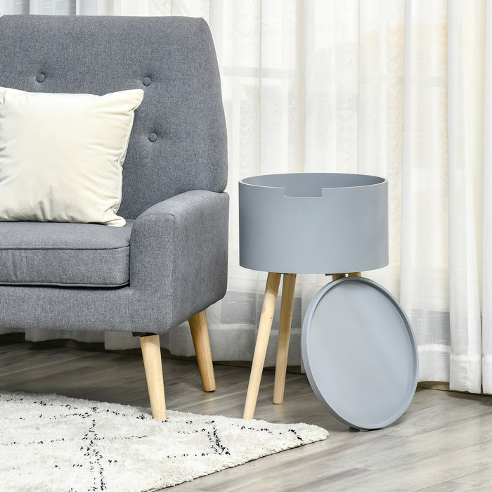 Modern Round Side Table with Hidden Storage - Wood Nightstand with Removable Tray, Grey - Ideal for Living Room or Children's Room Organization