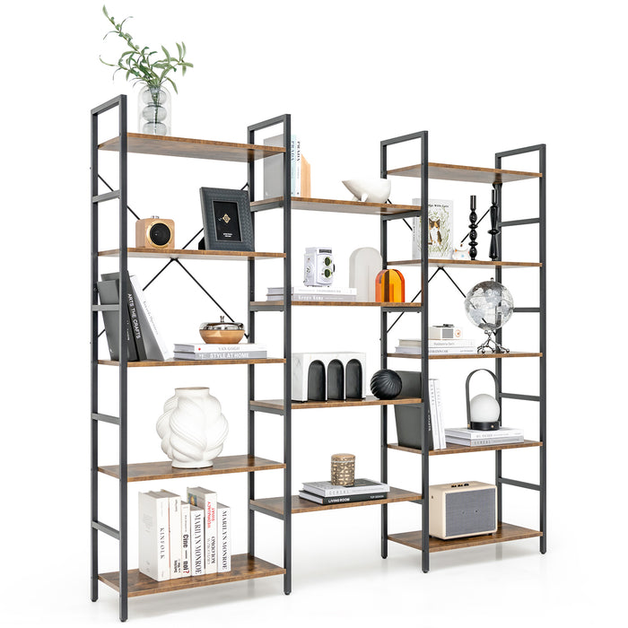 Industrial 5-Tier Bookshelf - 14 Open Shelves Design for Home and Office Space - Ideal for Displaying Personal Library and Work Materials, Brown Finish