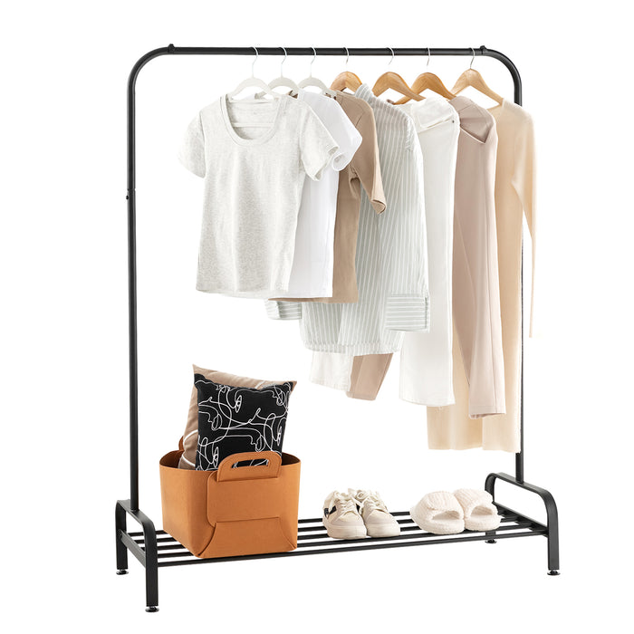 Metal Stand Rack - Clothes Organizer with Top Rod and Lower Storage Shelf in Black - Ideal for Home Wardrobe Organization
