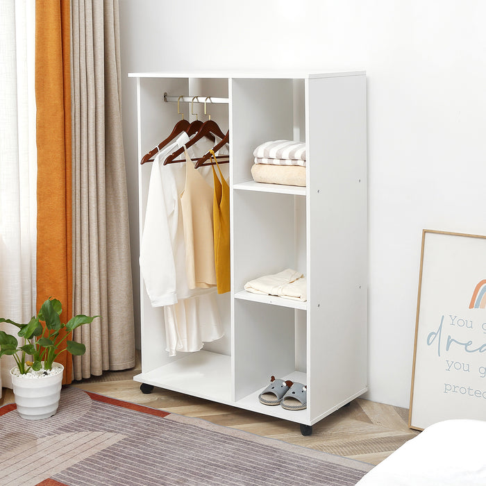 Open Wardrobe with Hanging Rail - Wheeled Storage Unit with Shelves for Bedroom - Versatile Organizing Solution in White