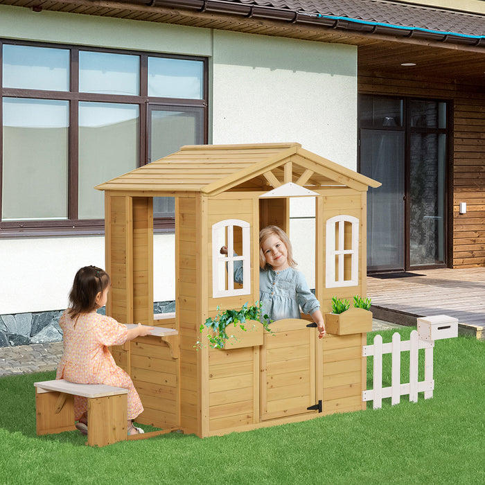 Wooden Playhouse with Accessories - Outdoor Playhouse with Doors, Windows, Mailbox, and Flower Pot Holder - Fun and Creative Play for Kids and Toddlers